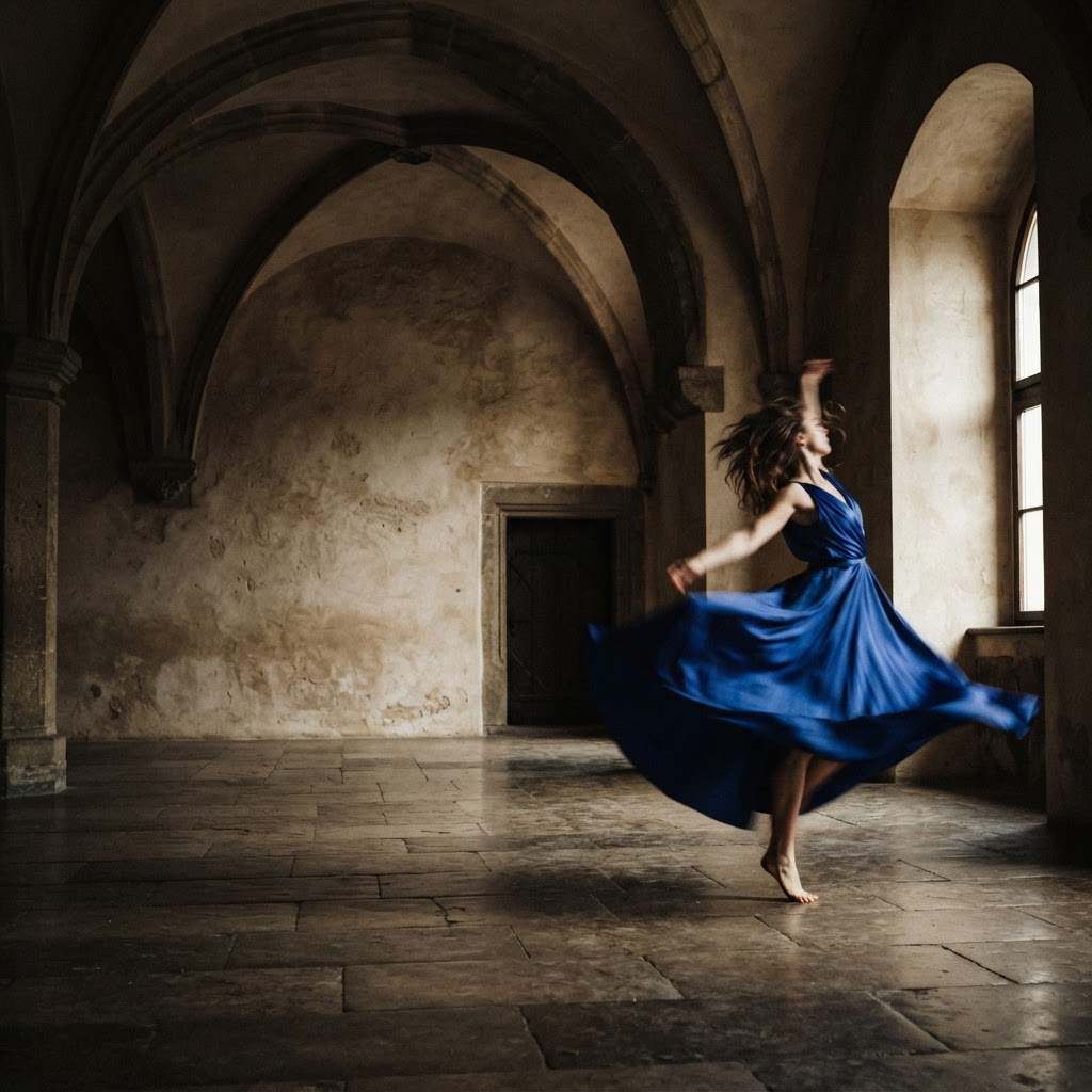 Dancer moving through a sunlit historic hall